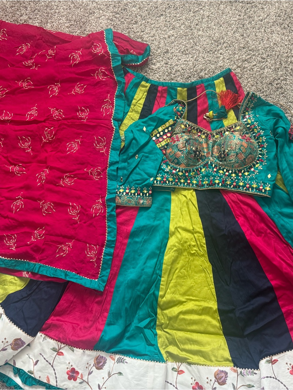 Ethnic Indian Wear Teal, Fuchsia & Lime Embroidered Lehenga Set